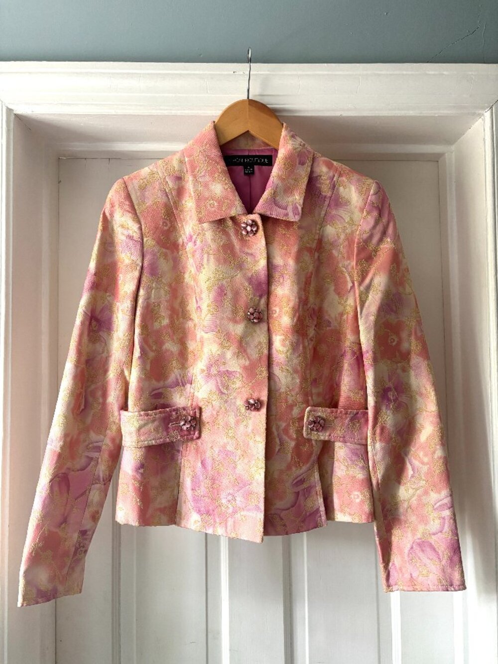 Nipon Boutique‎ Vintage Floral Brocade Blazer Jacket Pink Gold Size 4